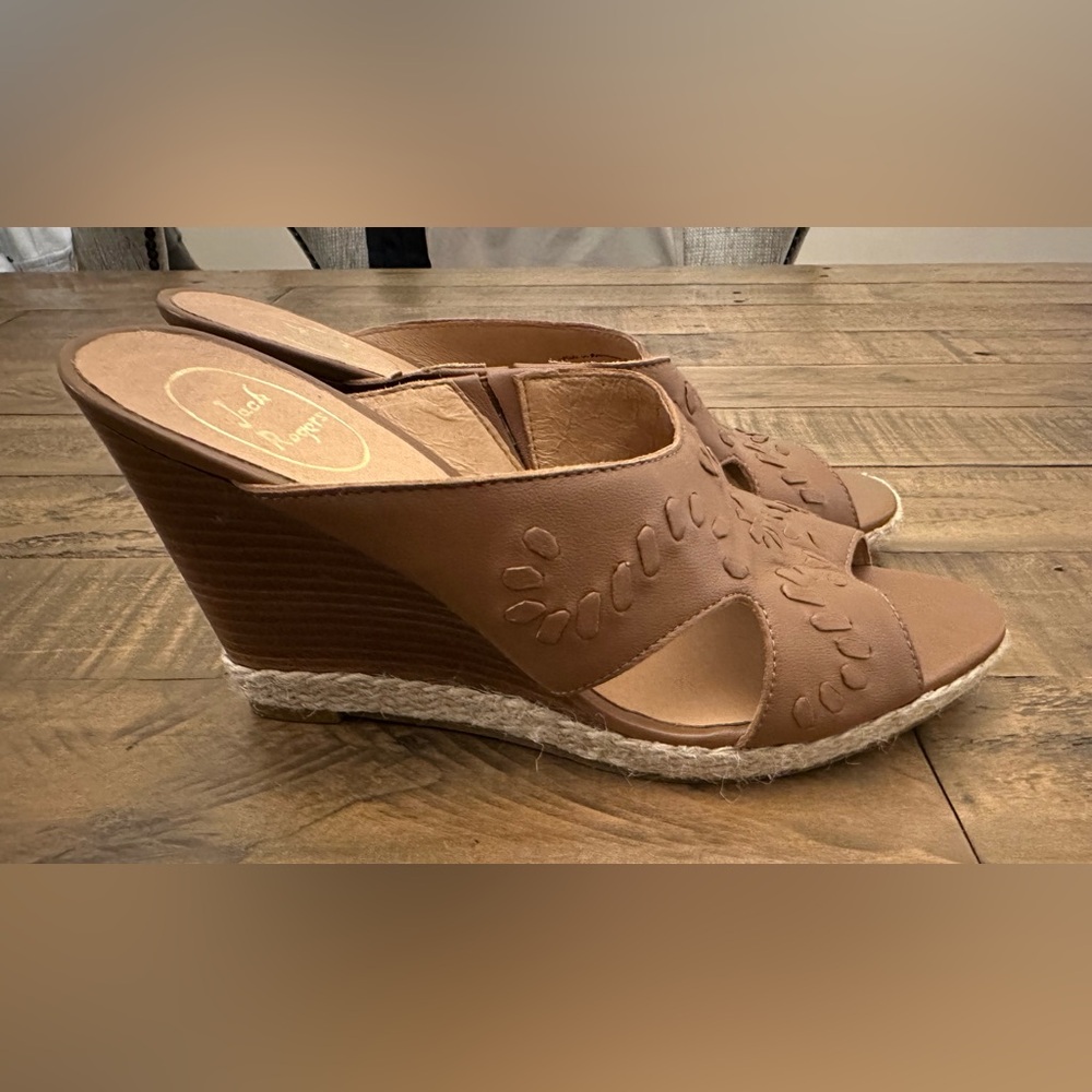 Jack Rogers Sophia Oak Brown Leather Wedge Whipstitch Heel - Size 9M